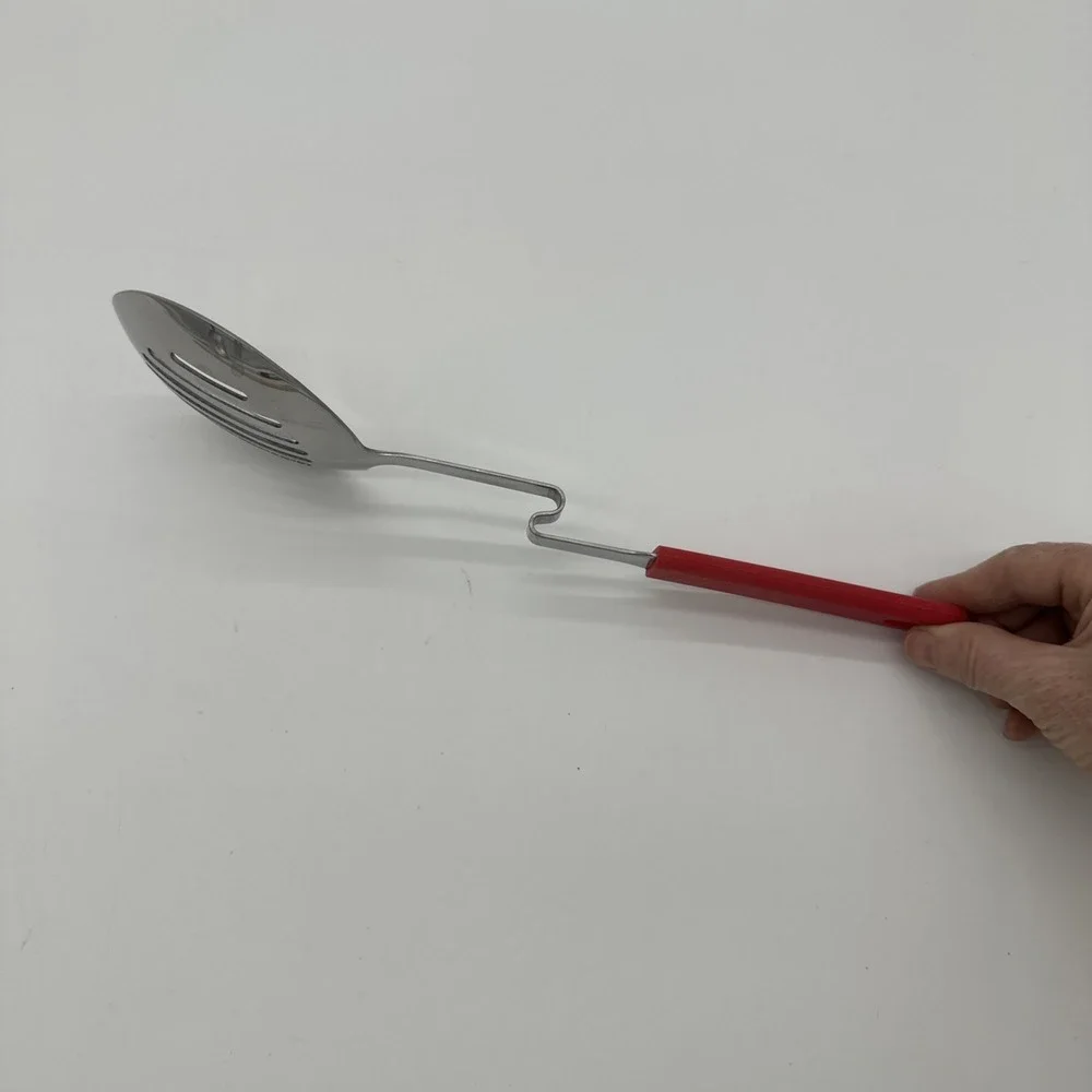 Slotted Spoon Pot Rest Notch Kitchen Utensil Red Handle Silver 11.5 inch